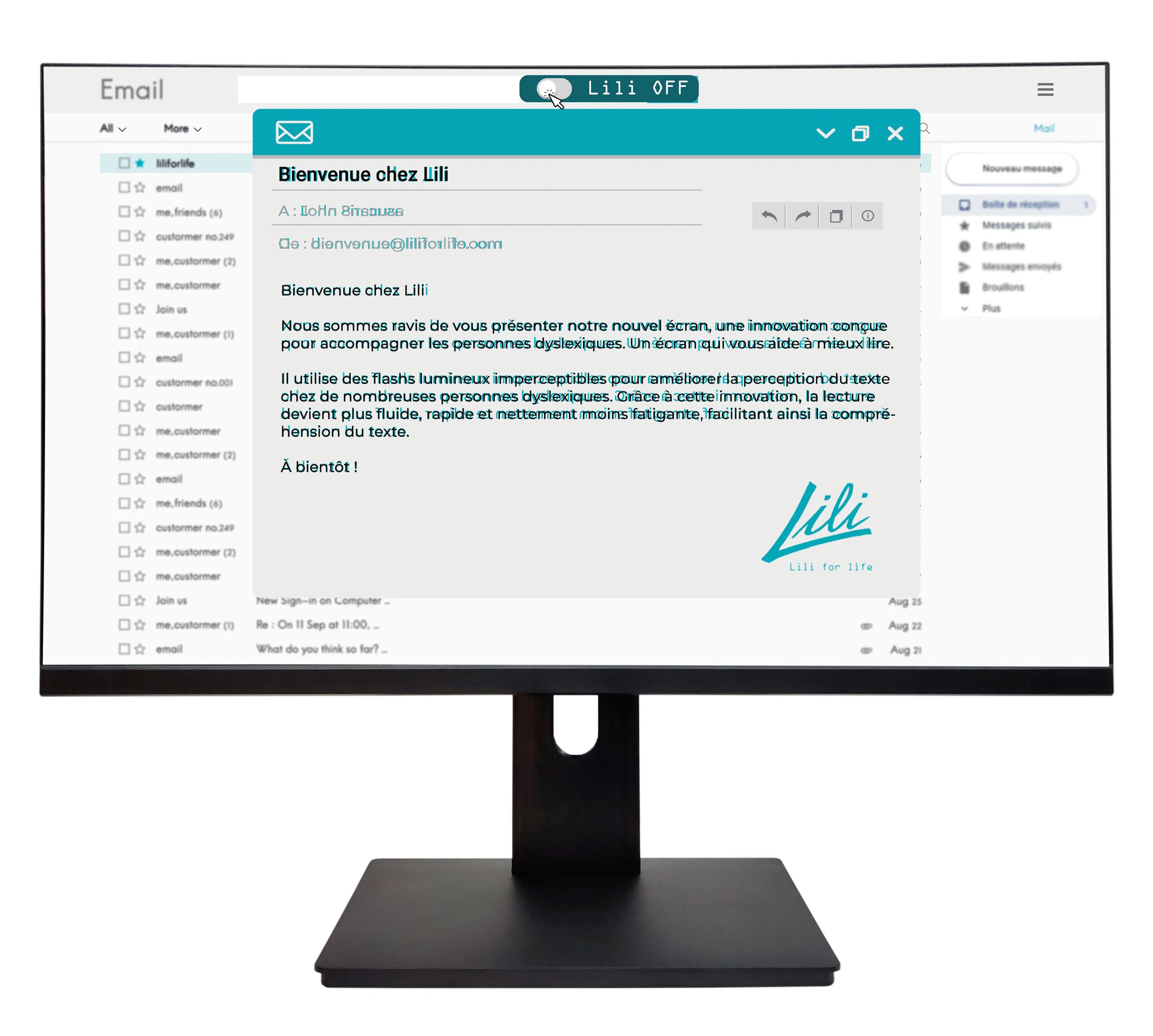 Ecran Lili pour Dyslexiques, affichant un email de bienvenue et des fonctionnalités d'aide à la lecture.