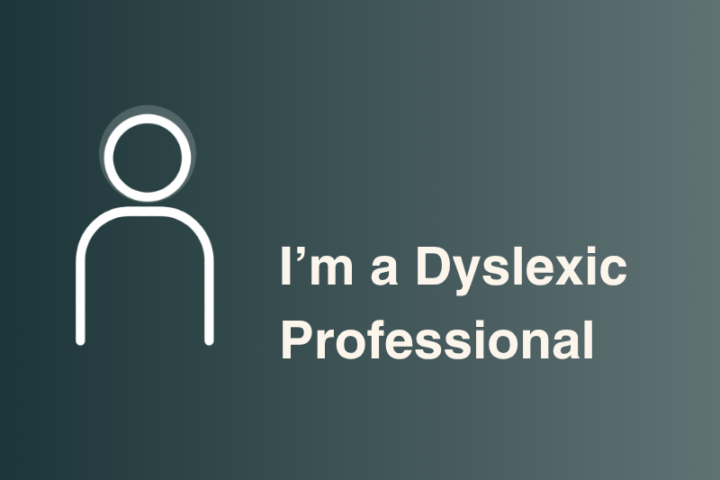 Image of a symbol and text promoting dyslexic professionals with a focus on inclusion and representation.